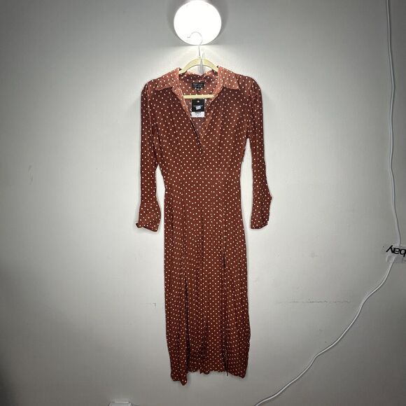 Topshop Brown Cream Polka-Dot 3/4 Sleeve Front Button Pleated Slit Maxi Dress 2 - Picture 5 of 14